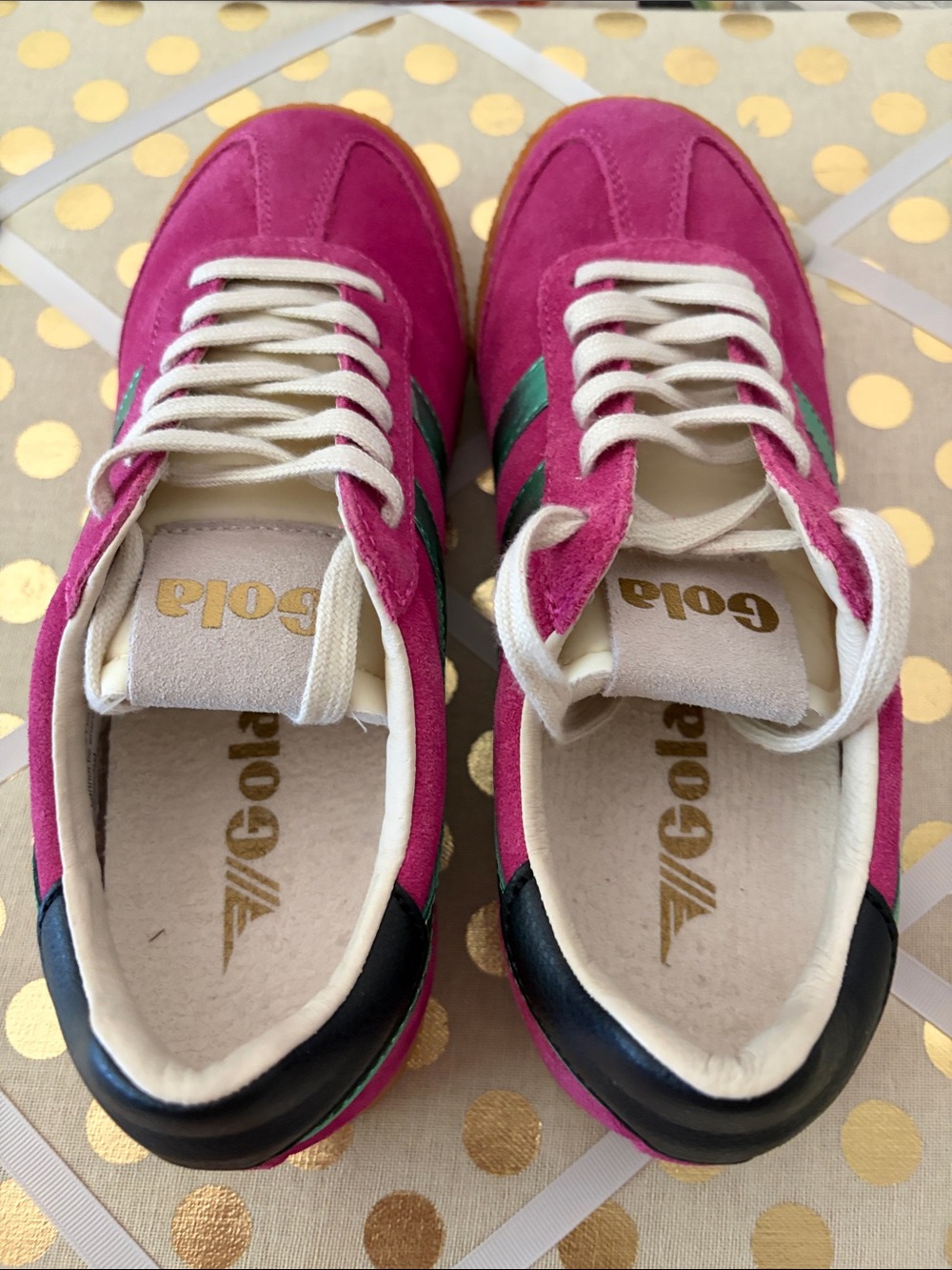 Gola Women’s Elan Fuchsia Suede Trainer Metallic Emerald Stripes 7 NWB - Picture 6 of 11